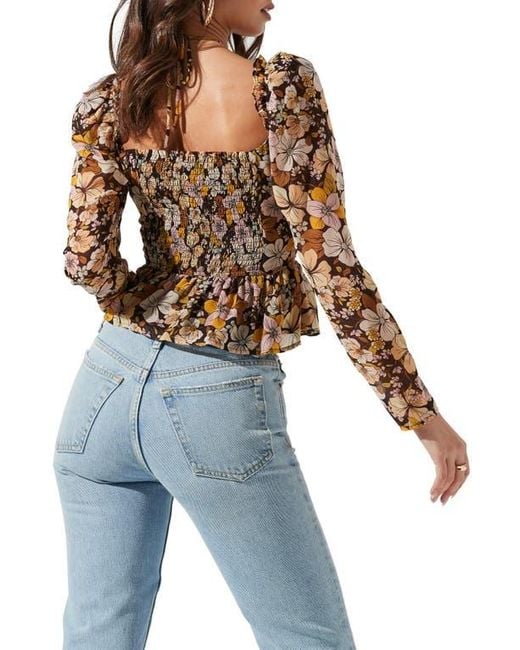 Astr Brown Toni Tie Neck Peplum Top