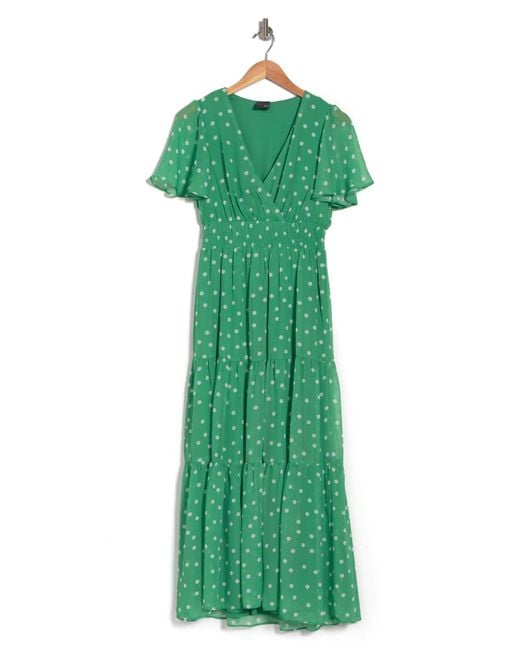 Gabby Skye Green Polka Dot Short Sleeve Tiered Chiffon Maxi Dress