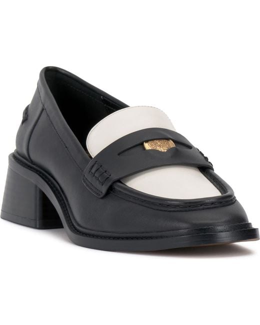 Vince Camuto Erinesa Black Leather 2” Block Heel Loafers Gold Coin Crest 7M NEW Vince Camuto Erinesa Block Penny Loafer in Black | Lyst main image 4