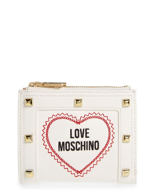 Love Moschino White Embroidered Bifold Faux Leather Wallet