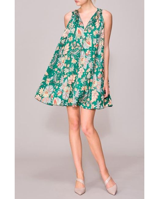 MELLODAY Green V-Neck Sleeveless Pleated Satin Minidress