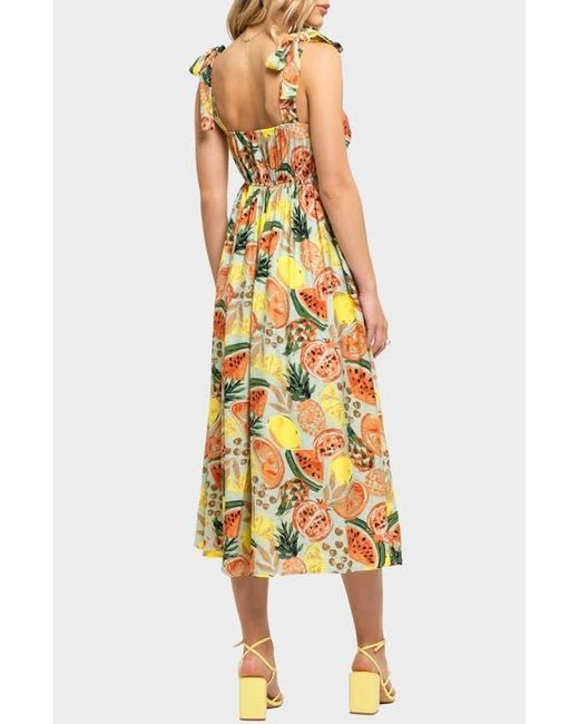 AUGUST SKY Yellow Fruit Print Tie Strap Midi Sundress