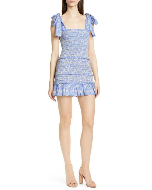 LoveShackFancy Belle Floral Smocked Minidress in Blue | Lyst