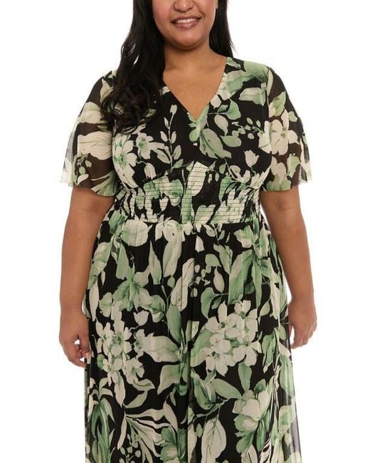London Times Green Mesh Flutter Sleeve Maxi Dress