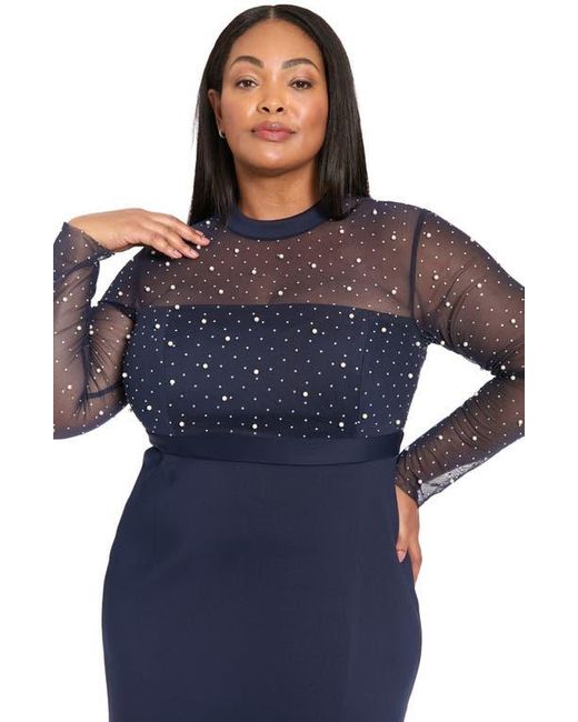 London Times Blue Long Sleeve Faux Pearl Illusion Midi Dress