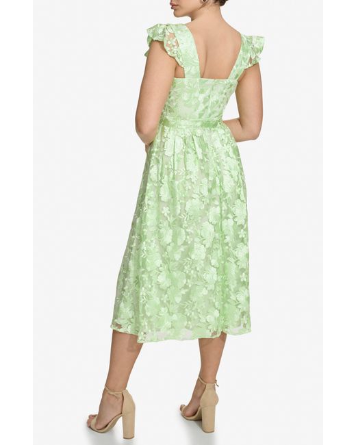 Kensie Green Floral Embroidered Fit & Flare Midi Dress
