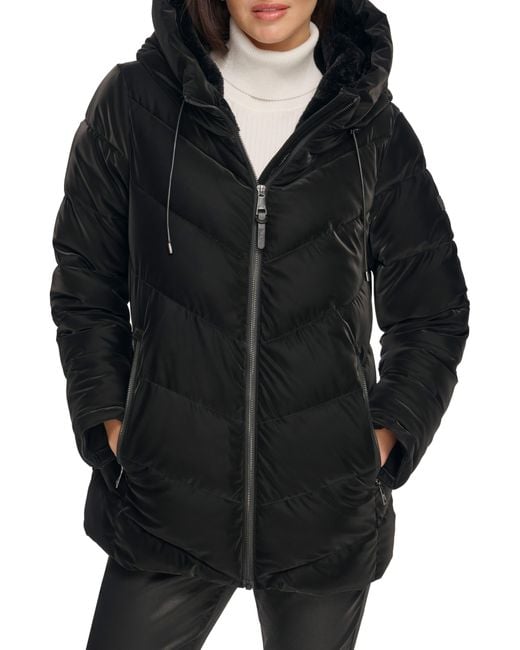 DKNY Water Resistant Faux Fur Lined Hood Puffer Jacket in Black