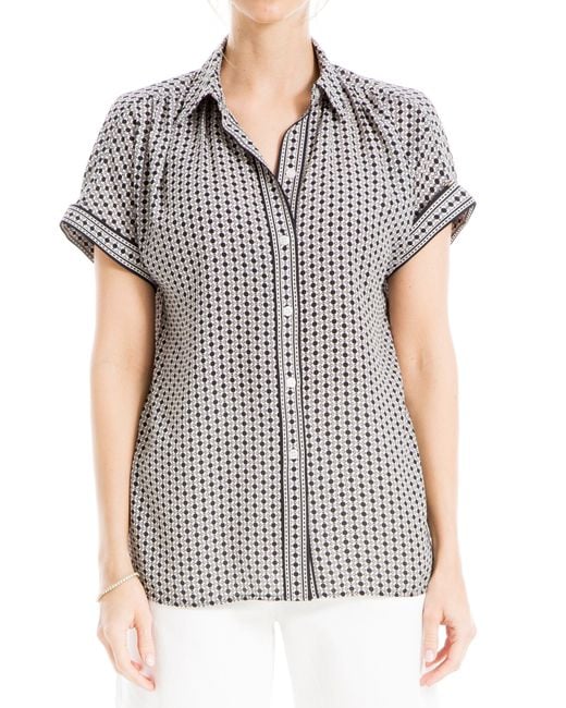 Max Studio Gray Patterned Short Sleeve Button-up Shirt
