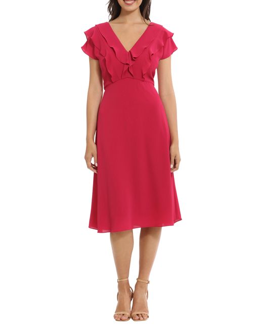 London Times Red Ruffle Fit & Flare Dress