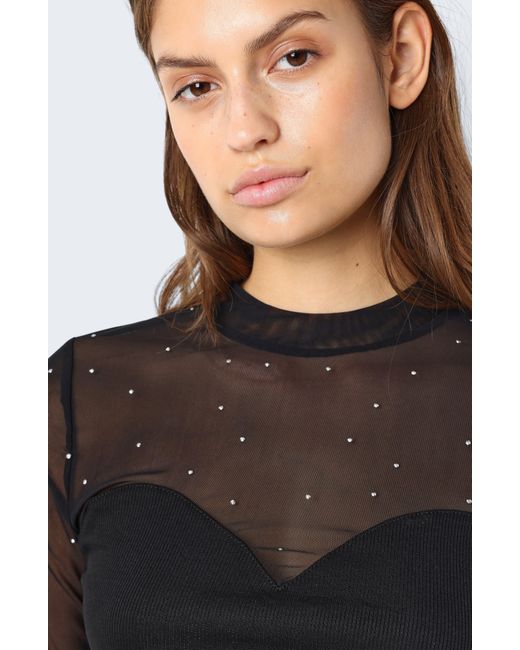 Noisy May Maya Sparkle Mesh Long Sleeve Top in Black