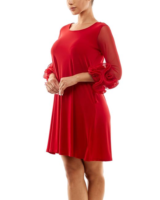 Nina Leonard Red Ruffle Mesh Sleeve Dress
