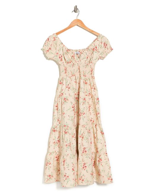 We Wore What Floral Puff Sleeve Tiered Midi Dress In Almond Milk Mlt At ...