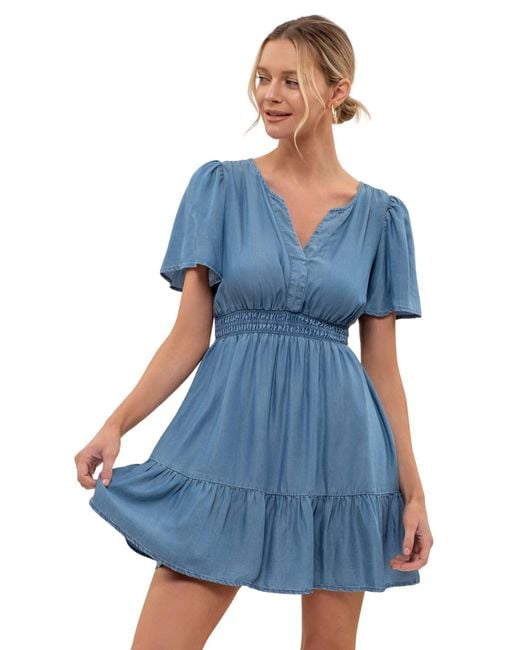 Blu Pepper Blue Chambray Tiered Flutter Sleeve Dress