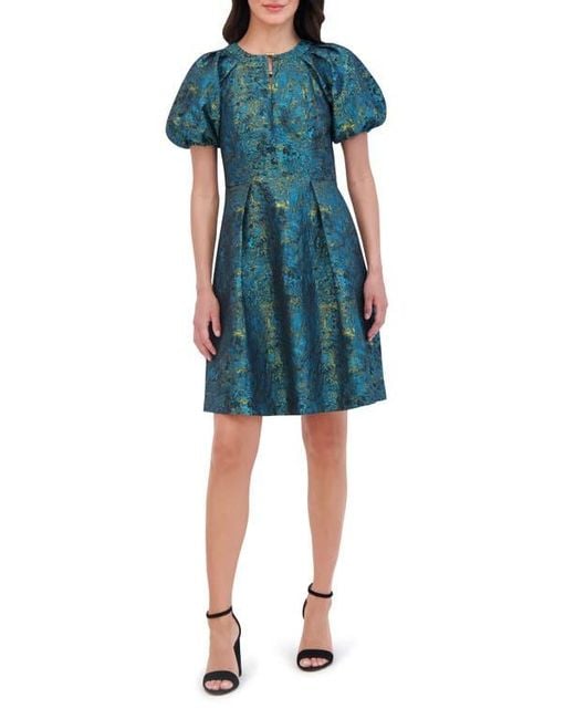 Vince Camuto Jacquard Puff Sleeve Dress in Blue | Lyst