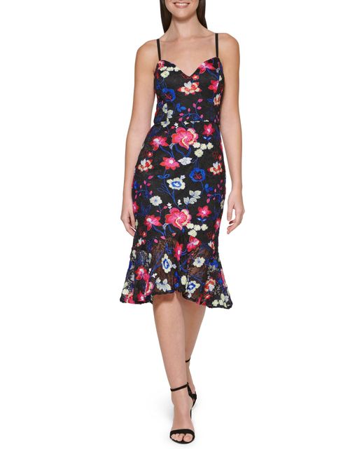 Guess Floral Embroidered Flounce Hem Midi Dress
