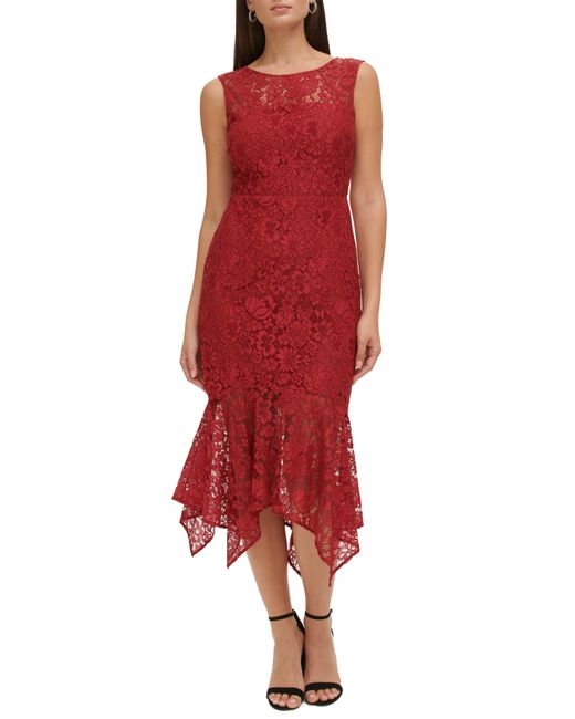 Kensie Red Floral Lace Asymmetric Dress