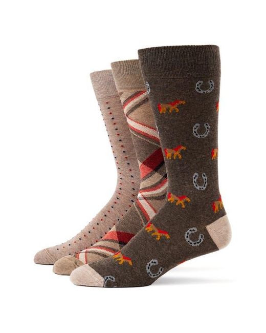 Lorenzo Uomo Brown Mixed Pattern 3-Pack Assorted Crew Socks for men