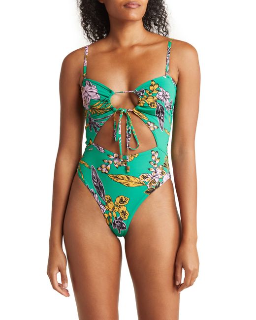 Maaji Blue Floral Expedition Katie Cutout Reversible One-piece Swimsuit In Green At Nordstrom Rack