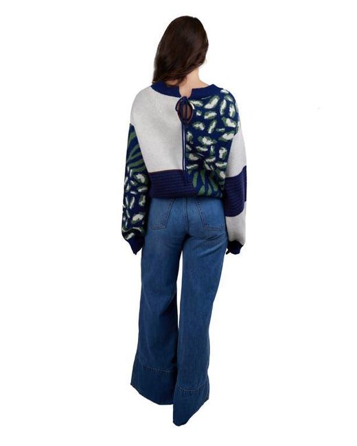 Saachi Blue Leopard Patchwork Knit Cardigan Sweater