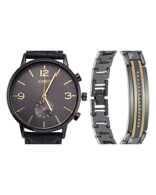 Jones New York Black Three-hand Quartz Bracelet Watch & Id Bracelet Set for men