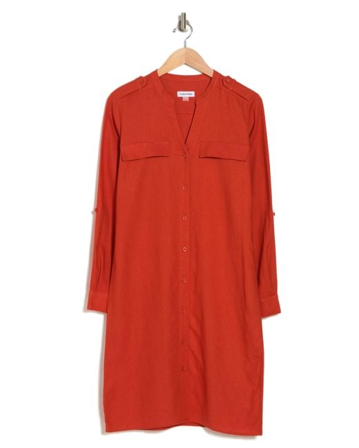 Calvin Klein Red Front Button Long Sleeve Linen Blend Dress
