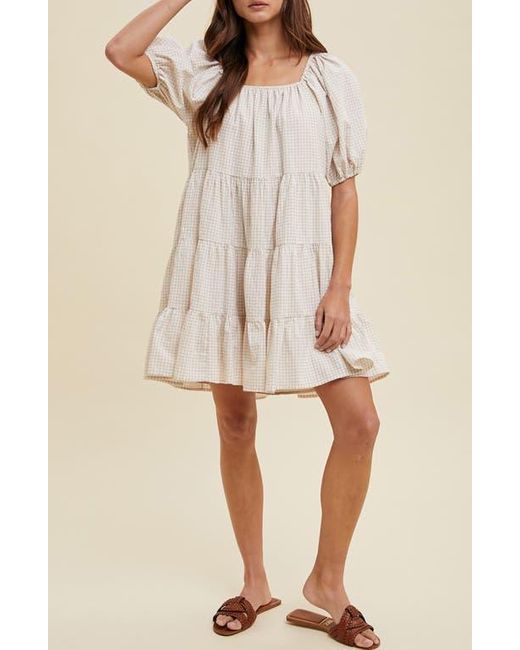 Wishlist Natural Plaid Puff Sleeve Cotton Blend Tiered Minidress