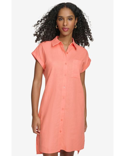 Calvin Klein Pink Short Sleeve Linen Blend Shirtdress