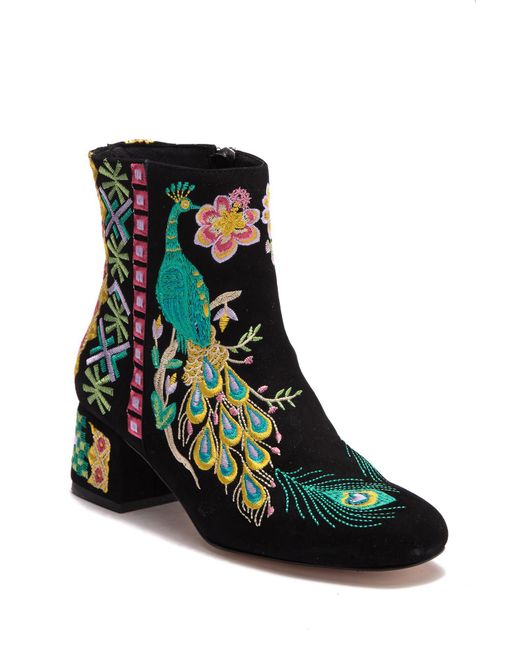 Johnny Was Retro Peacock Black Suede Embroidered Boot