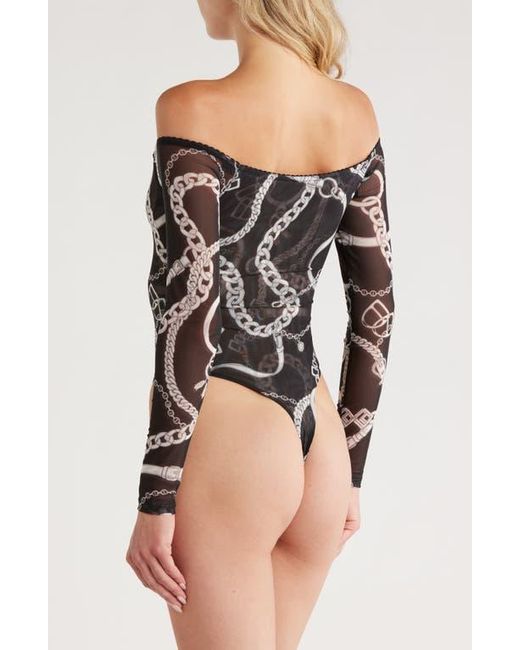 L'Agence Black Peonie Chain Off The Shoulder Mesh Bodysuit