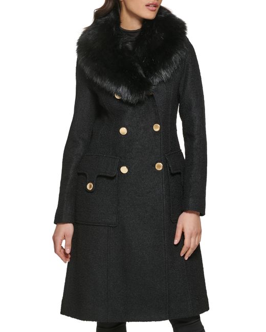 Guess Black Faux-fur Collar Double-breasted Walker Coat