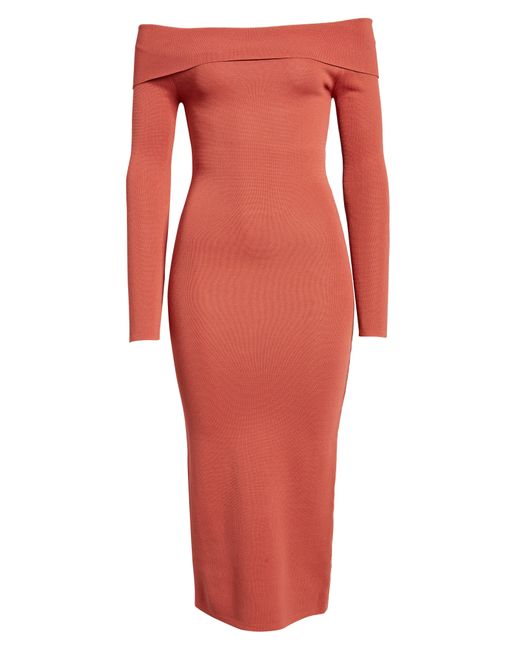 Bardot Off The Shoulder Long Sleeve Midi Dress In Chestnut At