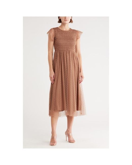 Blu Pepper Brown Smocked Flutter Sleeve Midi Dress