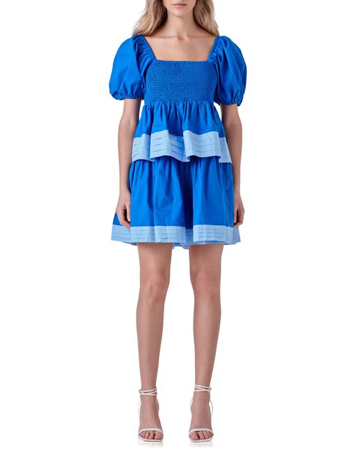 English Factory Blue Puff Sleeve Smocked Tiered Babydoll Dress