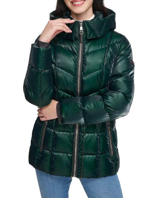 DKNY Green Cinched Waist Hooded Puffer Jacket