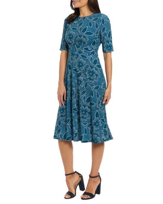 London Times Blue Floral Short Sleeve Inset Waist Midi Dress
