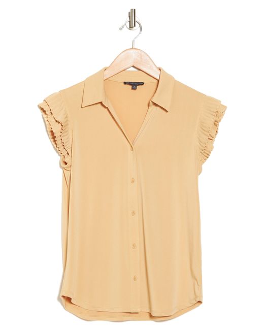 Adrianna Papell Blue Pleated Cap Sleeve Button-up Shirt