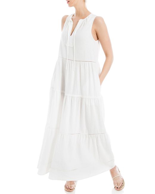 Max Studio White Tiered Linen Blend Maxi Dress
