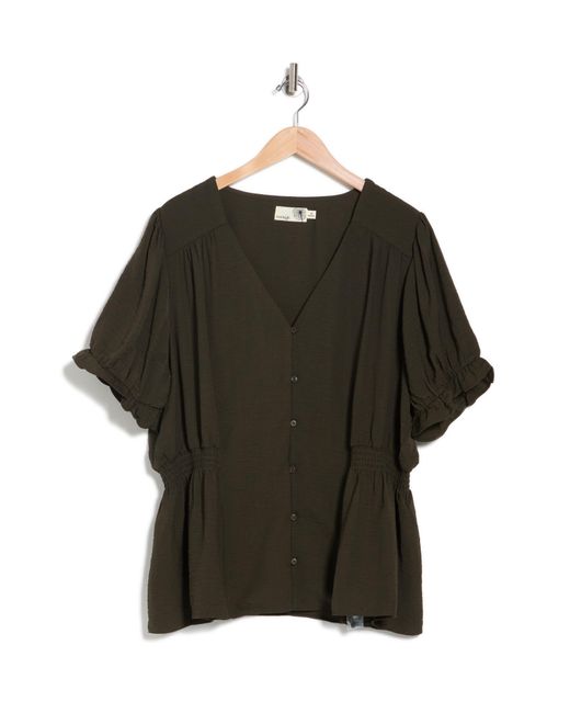 Everleigh Green Button Front Short Puff Sleeve Blouse In Olive At Nordstrom Rack