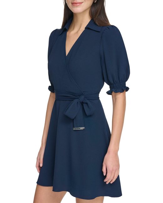 DKNY Blue Short Sleeve Belted Faux Wrap Dress