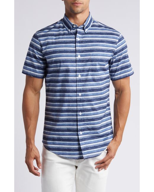 14th & Union Blue Sketch Stripe Short Sleeve Stretch Cotton Poplin Button-up Shirt for men