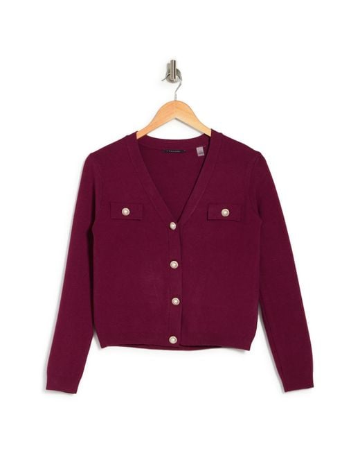 T Tahari Cardigan With Faux Pearl Buttons In Mulberry At Nordstrom Rack
