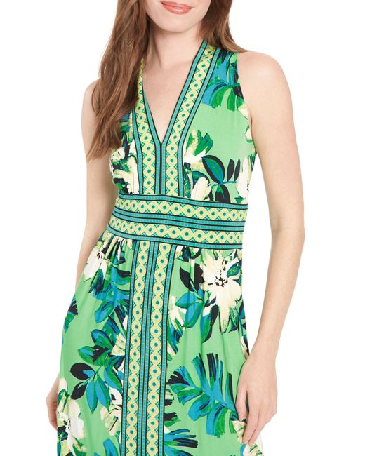 London Times Green Floral V-neck Sleeveless Maxi Dress
