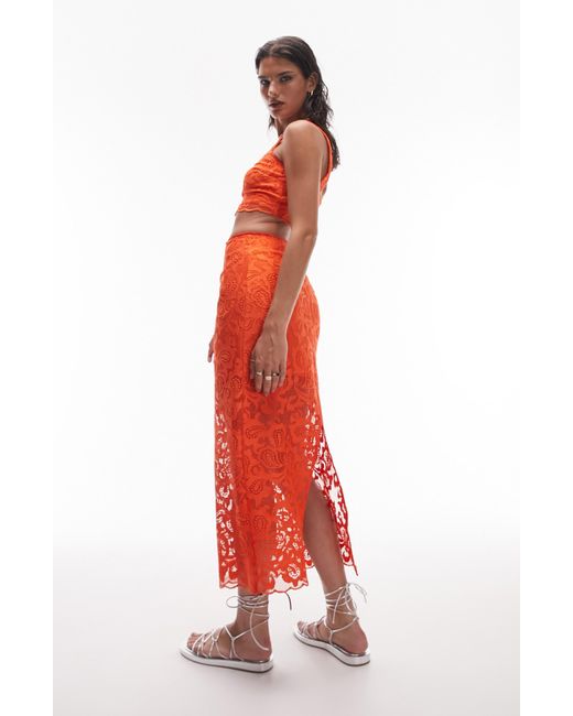 TOPSHOP Red Premium Lace Midi Skirt