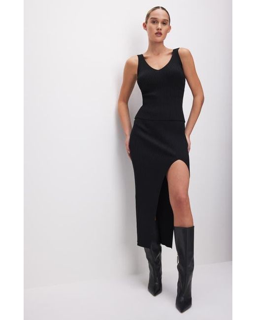 GOOD AMERICAN Black Shine Ribbed Slit Midi Skirt