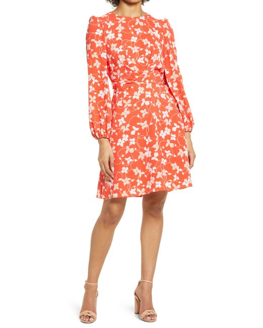 Eliza J Orange Floral Long Sleeve Crepe Dress