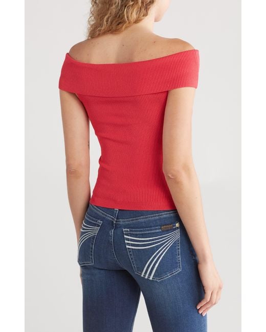 7 For All Mankind Red Off The Shoulder Ribbed Top
