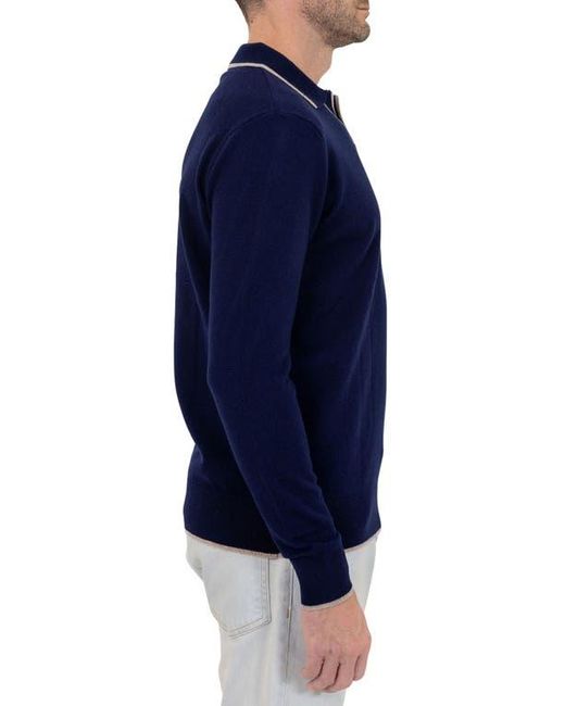 PINOPORTE Blue Johnny Collar Long Sleeve Wool Polo for men