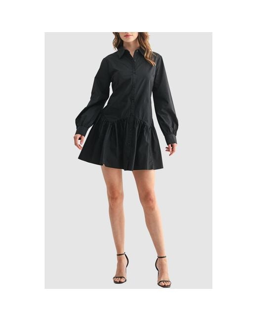 Lush Black Long Sleeve Ruffle Hem Shirtdress