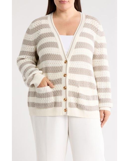 Caslon Natural Stripe Open Stitch Cotton Blend Cardigan
