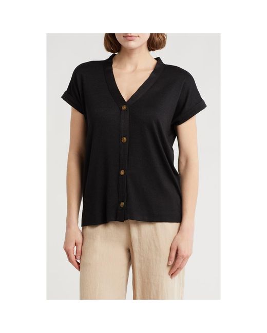 Bobeau Black Short Sleeve Button-Up Top
